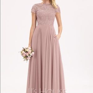 JJ’s house Pink Chiffon Lace Bridesmaid Dress